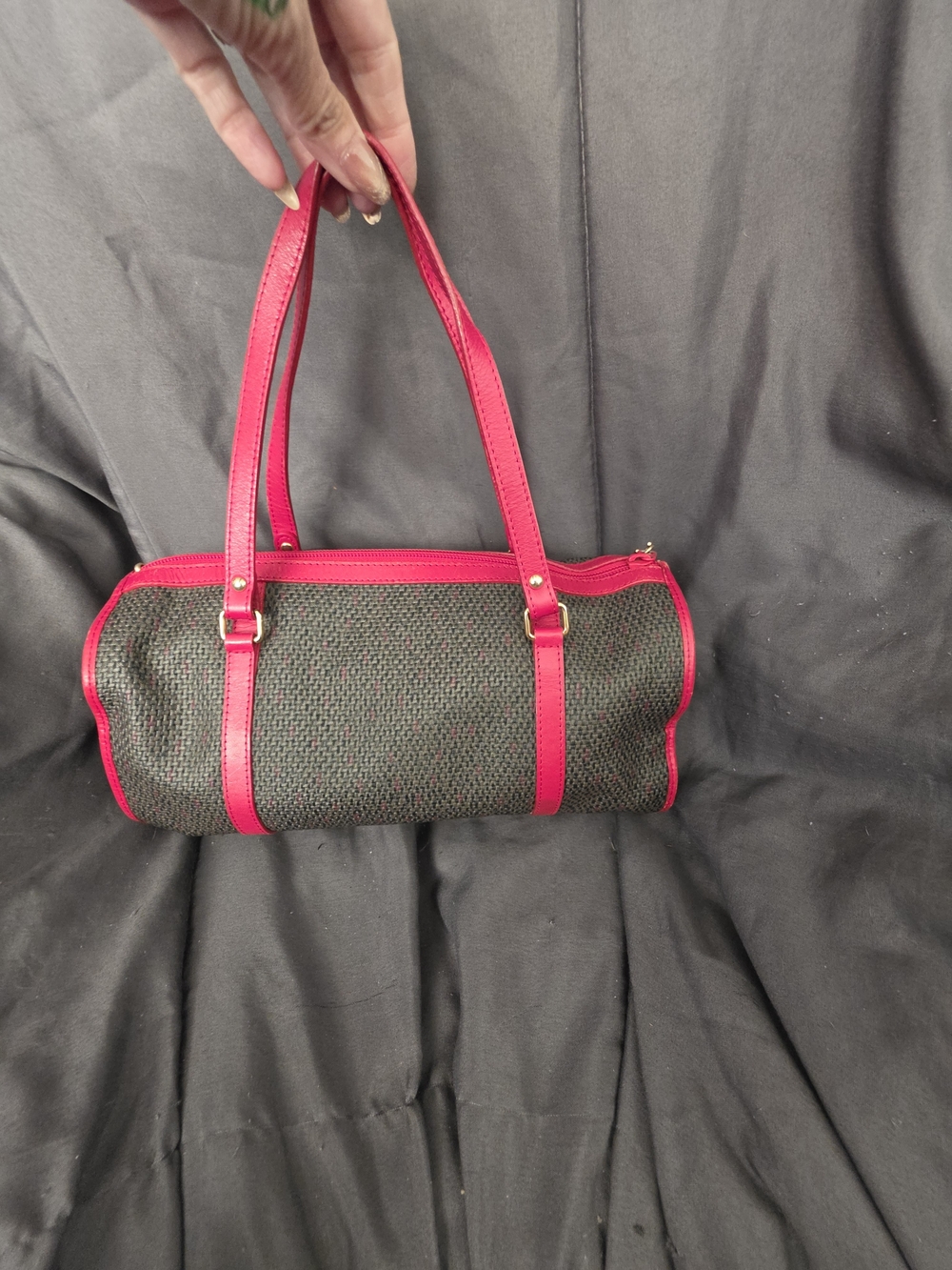 Yves Saint Laurent Brown Woven Cylinder Bag with Red Leather Trim - Picture 16 of 16